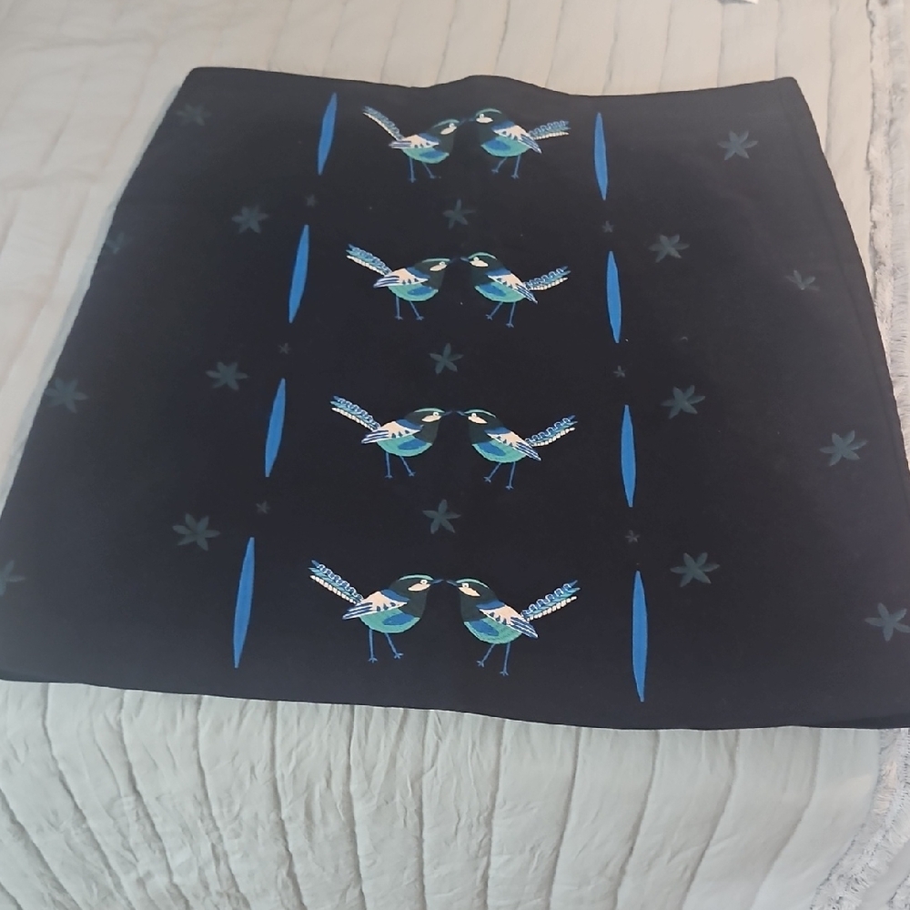 Boden Black Pencil Skirt with Blue Bird Motif